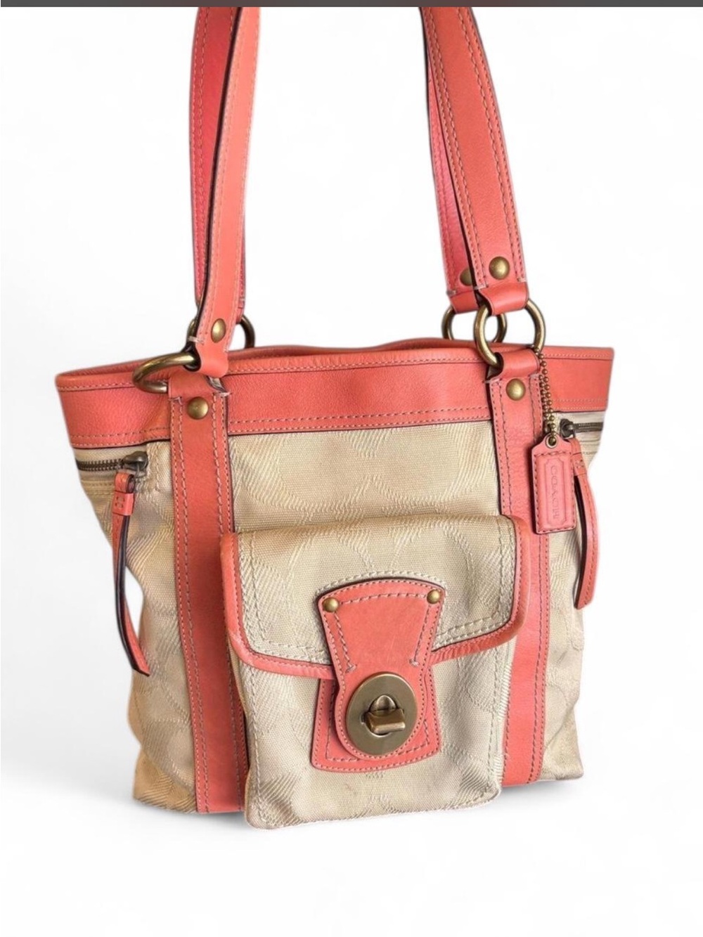 Coach Legacy Gigi Tote Khaki Signature Jacquard Coral Pink Leather Bag F13103